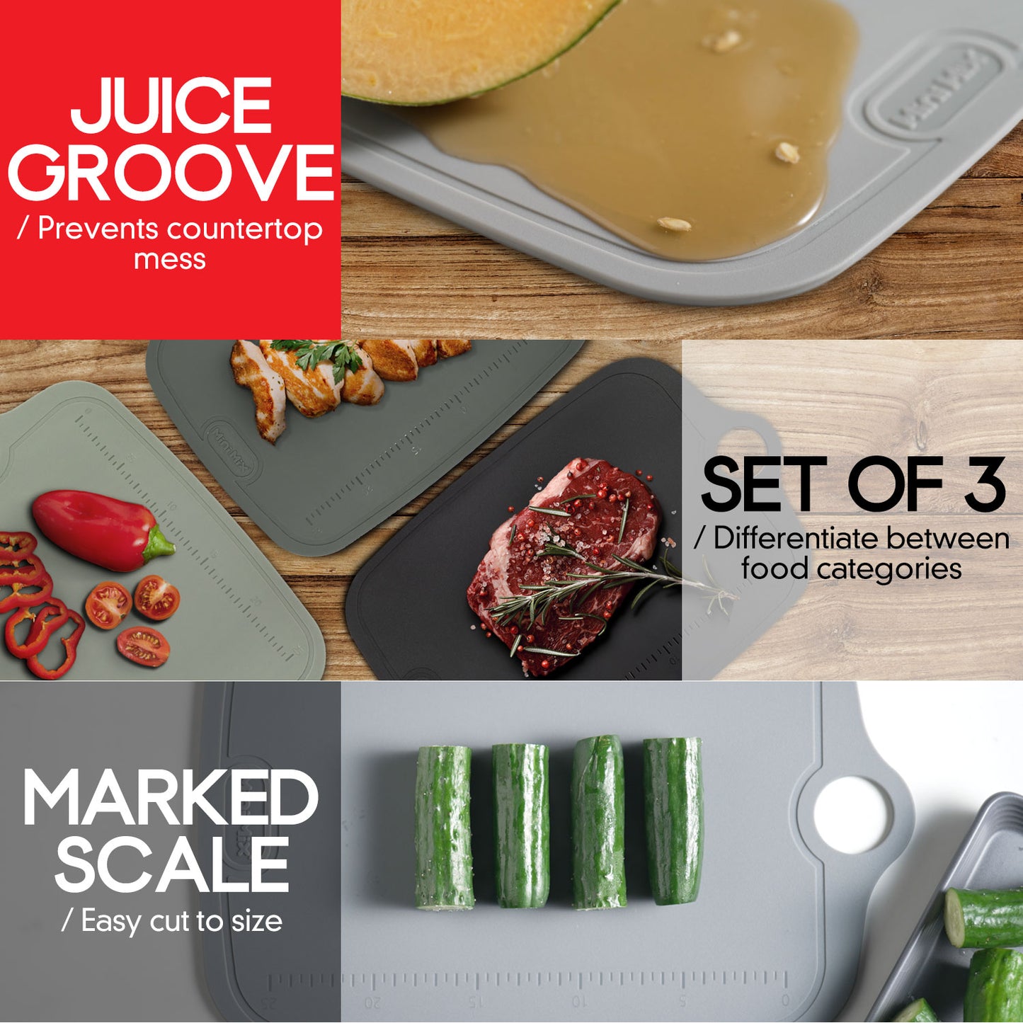 TPU Cutting Board. 3-Piece Set. Light Gray, Gray & Black.